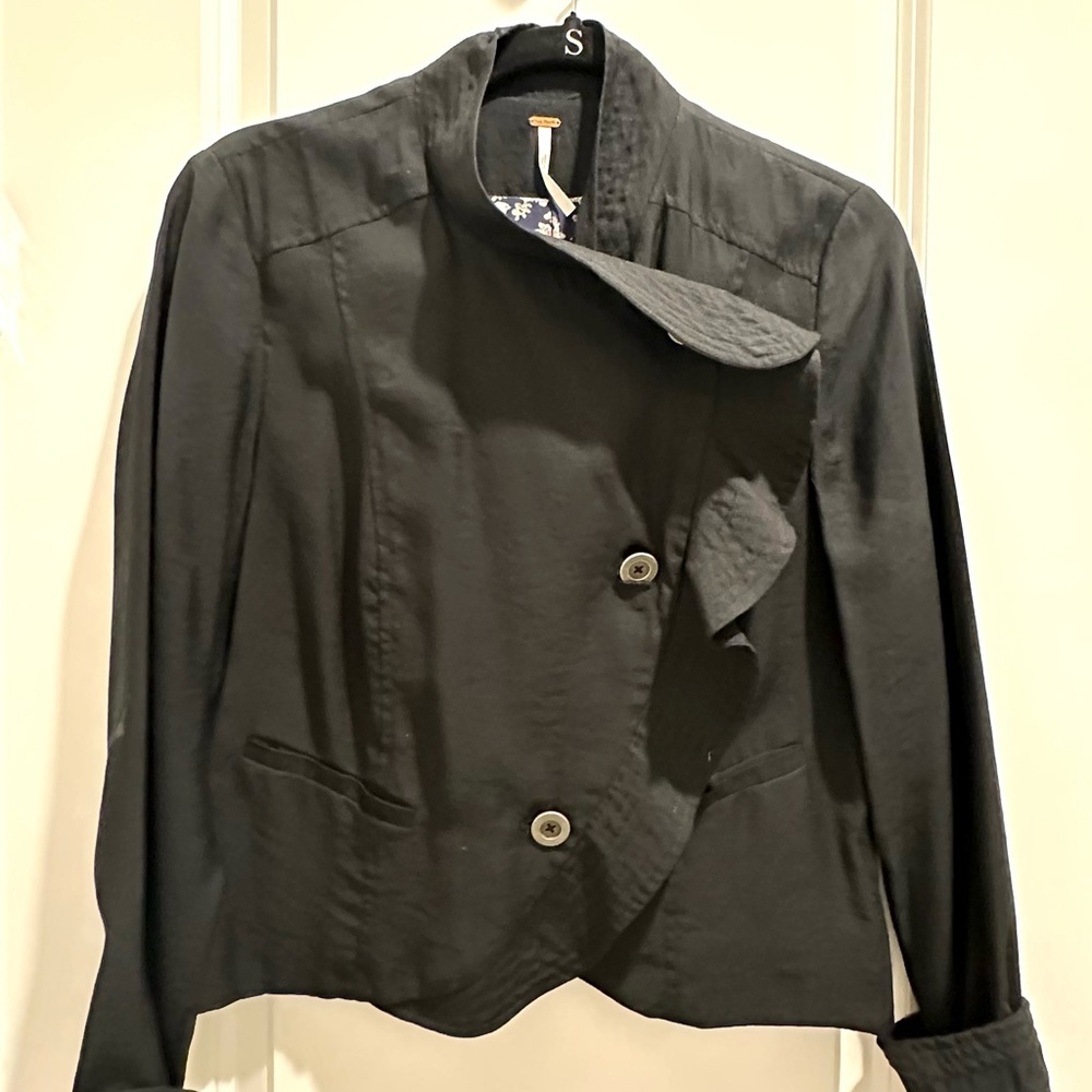 Vintage Free People ruffles romance, button down, lightweight black jacket